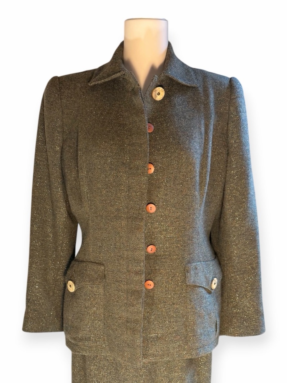 Vintage Oscar de la Renta Pink Label Tweed Blazer Jacket Olive Gold Sparkle 12